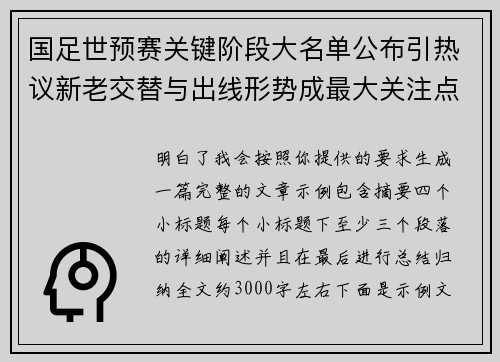 国足世预赛关键阶段大名单公布引热议新老交替与出线形势成最大关注点