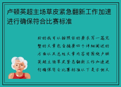 卢顿英超主场草皮紧急翻新工作加速进行确保符合比赛标准