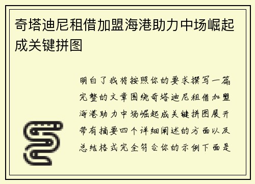 奇塔迪尼租借加盟海港助力中场崛起成关键拼图