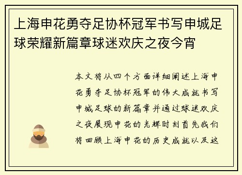 上海申花勇夺足协杯冠军书写申城足球荣耀新篇章球迷欢庆之夜今宵