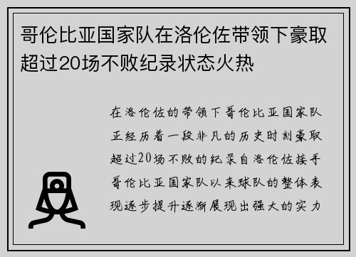 哥伦比亚国家队在洛伦佐带领下豪取超过20场不败纪录状态火热