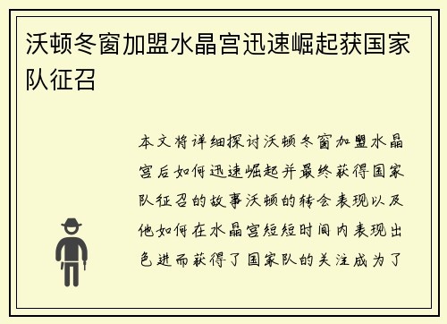 沃顿冬窗加盟水晶宫迅速崛起获国家队征召